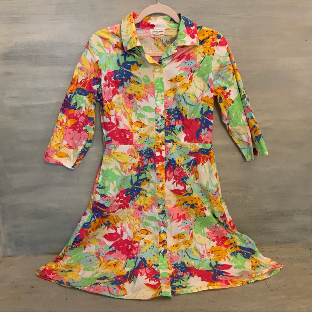 Chloe + Rene Colorful Floral Print Shirt Dress Small Good‎ Condition
